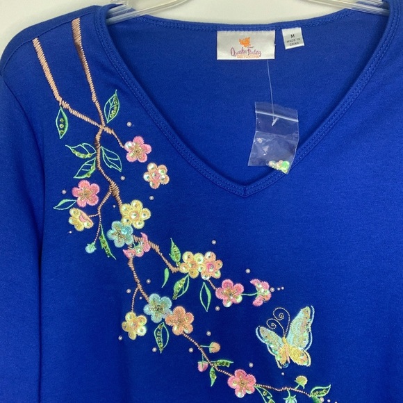 NWOT Quacker Factory Blue Floral Embroidered Long Sleeve 100% Cotton Top Size M - Picture 3 of 9